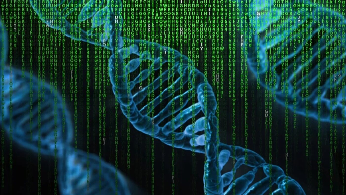 DNA-Strang vor einem Code aus Buchstaben